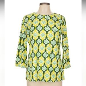 J.McLaughlin CATALINA CLOTH BAMBOO LATTICE PRINT 3/4 SLEEVE YELLOW/GREEN TOP